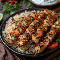 Grilled Chicken Skewers with Rice and Vegetables