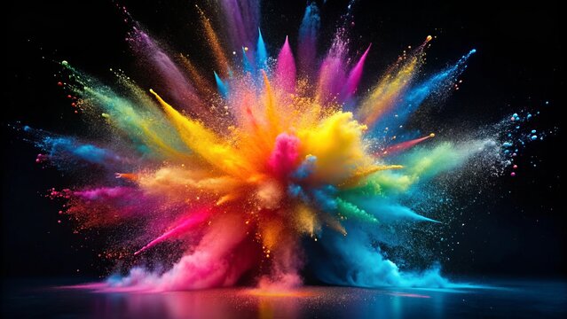 Vibrant colorful powder explosion in mid-air, frozen in motion, against a dark background, with glittering texture and mesmerizing abstract patterns, evoking energy and creativity.
