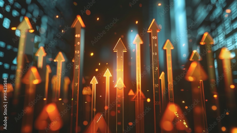 Aufkleber the infographic shows a rising arrow and bar stats symbolizing growth and success, with glitches and