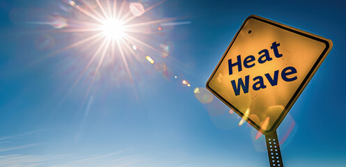 The impact of intense heat waves and global warming on environment, sign and sun illustrate severe heat, warning concept.