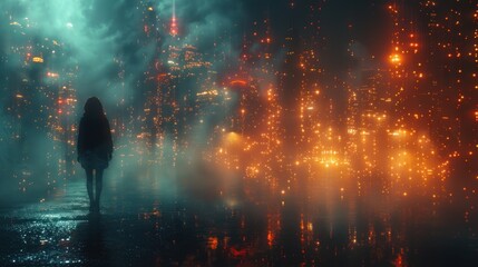 Silhouette of a Person Walking Through a Futuristic Cityscape