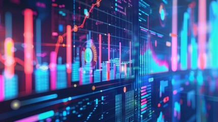 Graphical interface showing technology data analysis for business and finance, online marketing research, and business strategy information.