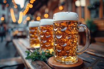 Glasses of beer on a wooden table in a pub or restaurant