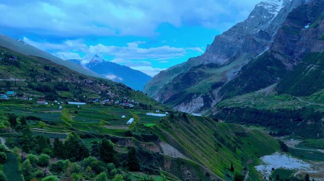 small village of himachal pradesh, with cloudy weather india drone view
