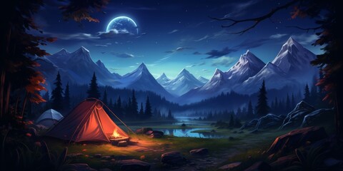 Enchanting Anime Night Camping Scene: Cozy Campfire and Tent in Majestic Mountain Landscape. Vibrant 4K Wallpaper Illustrating Winter Adventure Tourism for Outdoor Marketing and Scenic Travel Inspirat