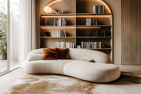 Canap&eacute; contemporain cr&egrave;me dans salon minimaliste