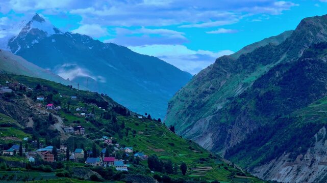 small village of himachal pradesh, with cloudy weather india drone view