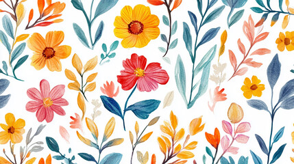 Artistic watercolor pattern with floral motifs Water color on white background
