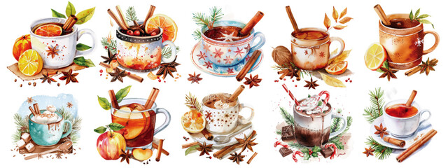 Colorful watercolor illustrations of diverse winter hot drinks decorated with spices and seasonal garnishes. 
Variety of Festive Winter Hot Drinks Illustration
