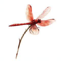 red dragonfly flying and sitting on a stick isolated on white background, simple style, png