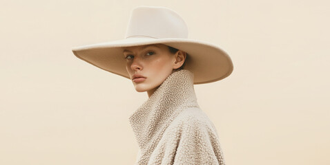 Sensual model in a stylish hat. Fall winter fashion concept.