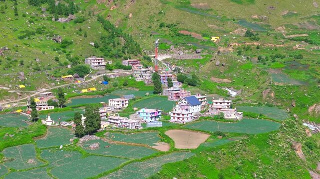small village of himachal pradesh, india drone view
