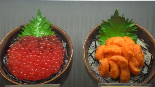Japanese artificial menu display food hokkaido seafood rice don uni sea urchin salmon roe scallop