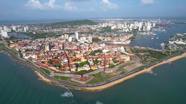 Beautiful aerial view of the walled city of Cartagena de Indias, in Colombia - the Santuario de San Pedro Claver, Torre del Reloj and the Catedral de Santa Catalina de Alejandr&iacute;a