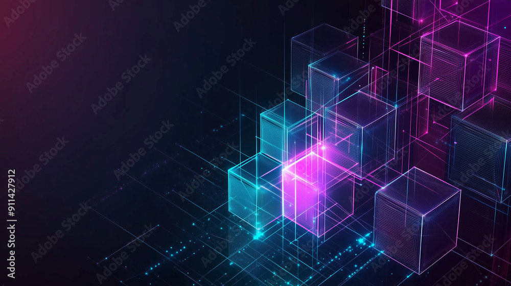 Poster abstract digital blocks on a technology background with holographic cubes and glowing lines in blue,