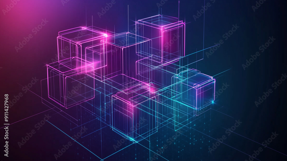 Poster abstract digital blocks on a technology background with holographic cubes and glowing lines in blue,