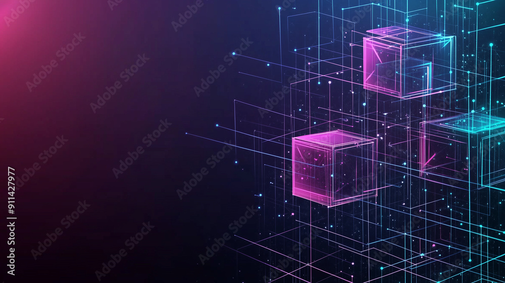 Poster Abstract digital blocks on a technology background with holographic cubes and glowing lines in blue, purple, and pink colors on a dark black backdrop. This high-quality vector illustration showcases a