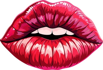 Red lips with shiny lipstick isolated sign. Fashion and beauty emblem with kissing mouth