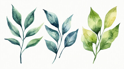 Hand-painted watercolor leaves with shading Water color on white background