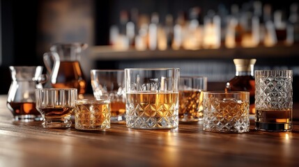 A variety of whiskey glasses filled with amber liquid are elegantly arranged on a wooden bar counter with soft focus, creating a warm, inviting atmosphere