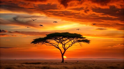 Golden Hour in the Savanna: A Minimalist Silhouette of Serenity  generative AI