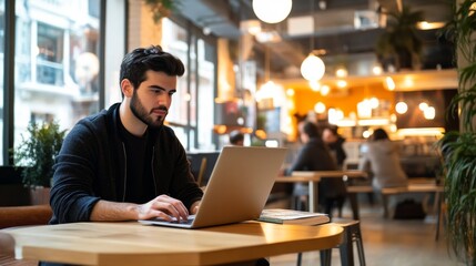Obraz premium Young professional using laptop in a stylish co-working space