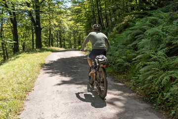 Fototapeta premium Mountain biking through a beech forest. Navarrese Pyrenees