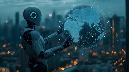 A humanoid robot interacts with a digital globe in a futuristic city.