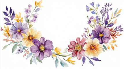 Fototapeta premium Watercolor flowers arranged in a circular wreath Water color on white background