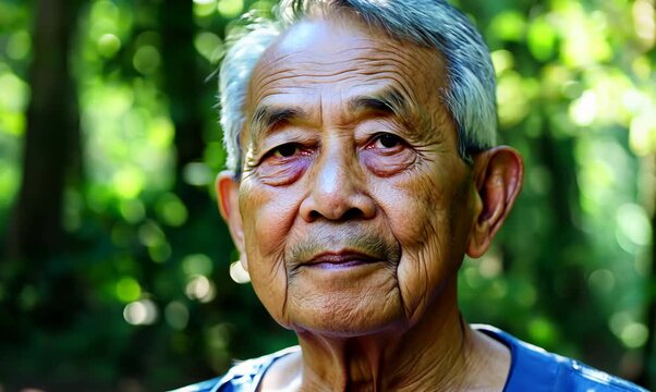 Medium shot portrait video of a Vietnamese man in his 80s against a forest background