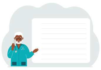 A male doctor holds pills in his hand. There is space for text next to it. Vector flat illustration.