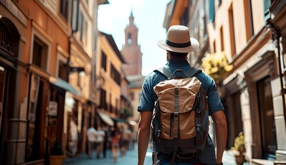 Obraz premium A man in summer and a hat with a backpack walks through the city of Bologna, Italy on a sunny day, viewed from behind his back,