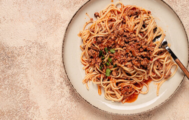 Spaghetti Bolognese, top view, close-up, without people, homemade,