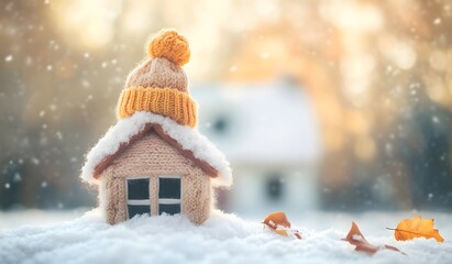 A small house made of woolen fabric with a knitted hat on top, standing in the snow and wrapped up to keep warm,
