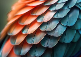 Fototapeta premium A close-up shot of a bird's back, showcasing the overlapping texture of orange and teal feathers