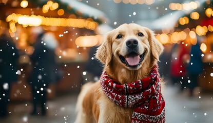 Golden Retriever dog wearing a scarf walking in a Christmas market, bokeh lights and people in a blurred background, winter scene with falling snowflakes.
