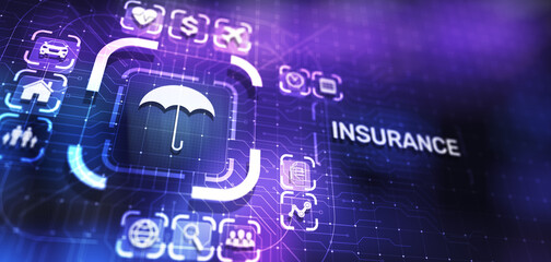 Insurance, health family car money travel Insurtech concept on virtual screen.