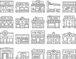 street cafe city outdoor icons set vector. restaurant table, europe coffee, summer travel, urban outside, terrace, bistro street cafe city outdoor black contour illustrations
