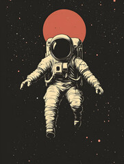 An astronaut floats in space against a backdrop of stars and a large red planet.