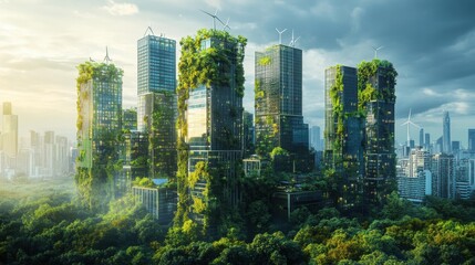 Fototapeta premium Eco-Cityscape: Where Green Towers Meet Wind-Powered Skies