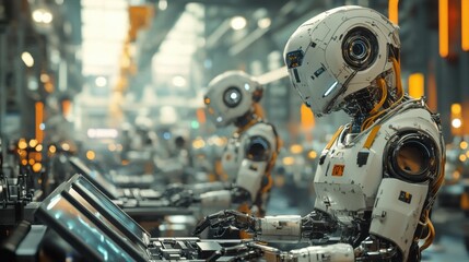 Fototapeta premium Futuristic Factory: White Robots Interacting with Glowing Console