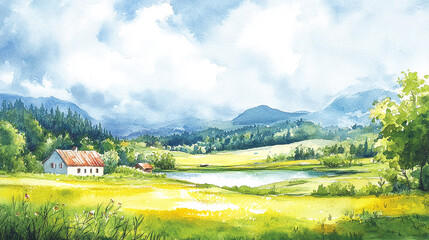 Watercolor illustration of a serene forest scene Water color on white background