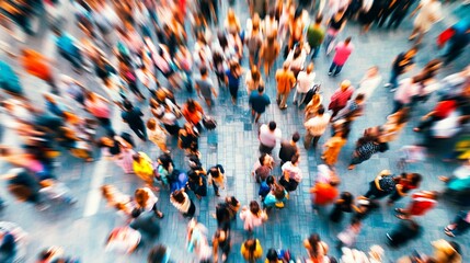 Aerial view of bustling crowd in motion, blurred figures creating a vibrant, dynamic pattern of...