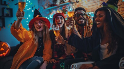 A group of people are sitting on a couch, wearing Halloween costumes