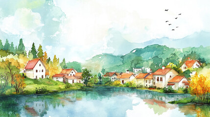 Watercolor illustration of a peaceful village Water color on white background