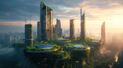 Fototapeta premium Skyward Eden: A Verdant Metropolis in Sunset's Embrace