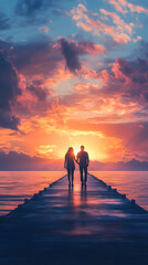 Fototapeta premium Silhouette of couple holding hands, walking towards the setting sun on a wooden pier. Romantic sunset backdrop.