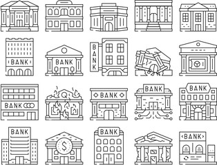 bank building business finance icons set vector. city office, government financial, money architecture, cityscape urban house bank building business finance black contour illustrations