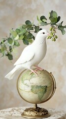 Obraz premium A white dove perched on a globe holds an olive branch, set against a soft background adorned with greenery