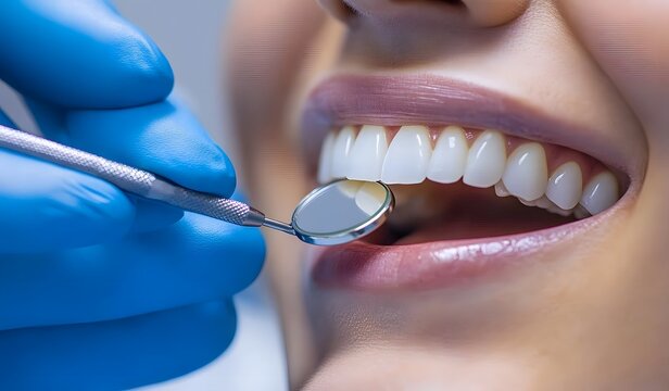 Close up of a beautiful woman's mouth with white teeth. A dentist is using a mirror and tools to check her mouth for cavities